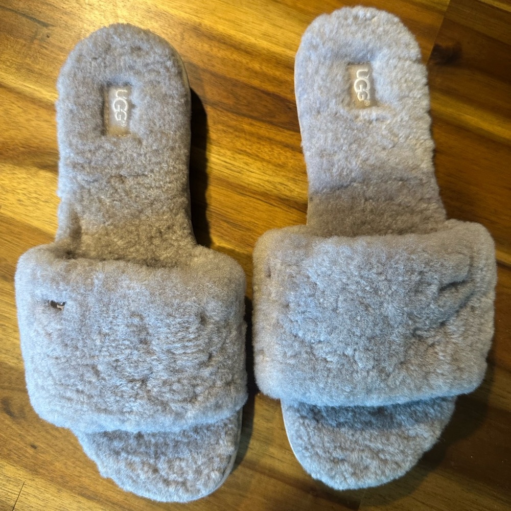UGG Plush Gray Slide Slippers